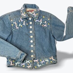 Heater Vintage Embellished Denim Jacket with Bows Pearls Flowers Shoulder Pads